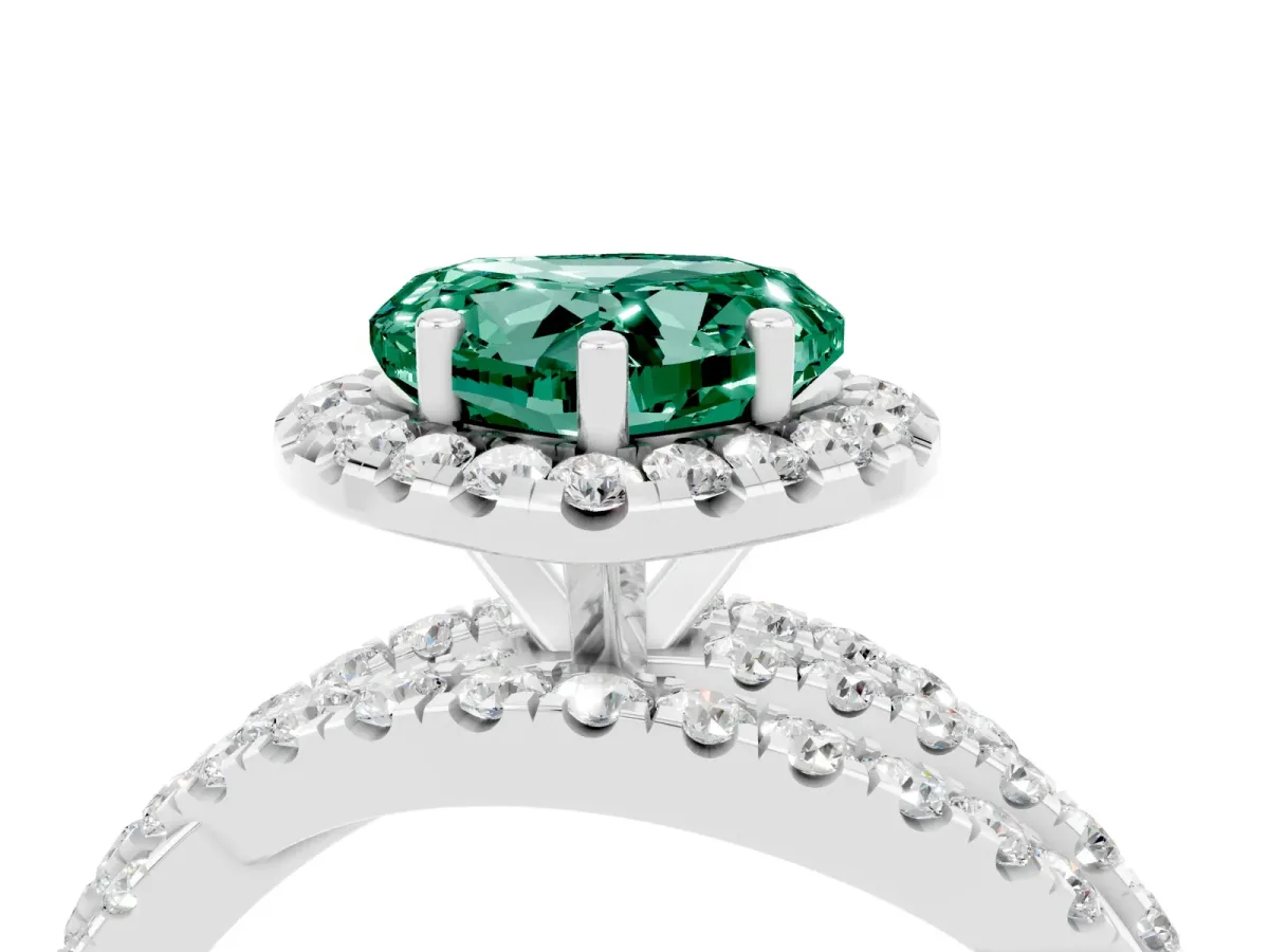 Heart Cut Green Sapphire Halo Ring with Round Split Shank and Prong Setting Platinum