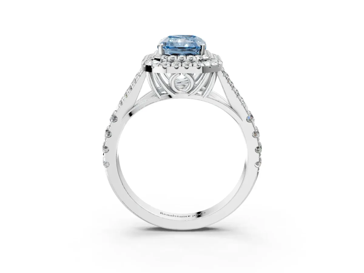 Fancy Blue Radiant Cut Cut Double Halo Split Shank Diamond Ring with Prong Setting Platinum