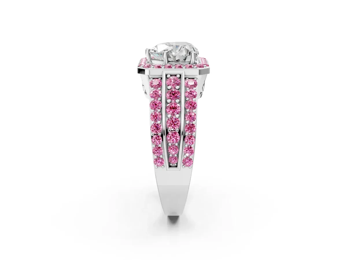 Heart Cut Halo Diamond Ring with Round Pink Sapphire Split Shank and Prong Setting Silver