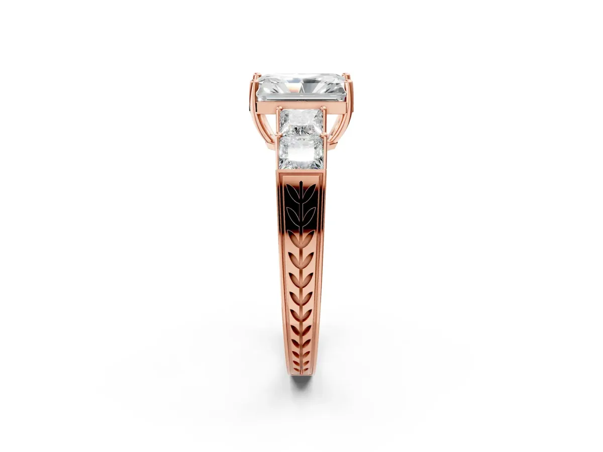 Radiant Cut Solitaire Princess Side Stone Engraved Band Prong Setting Ring Rose gold