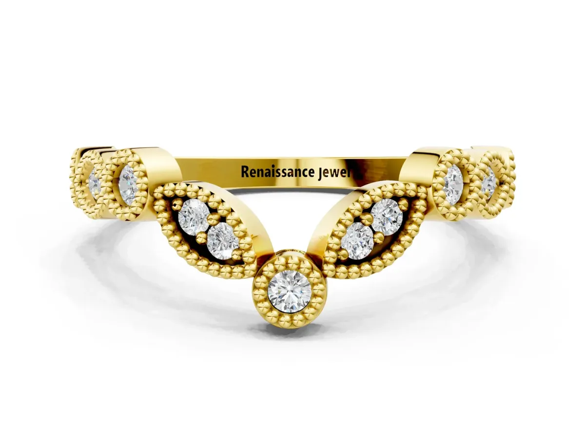 Milgrain Marquise and Round Diamond Half Eternity Band Yellow gold
