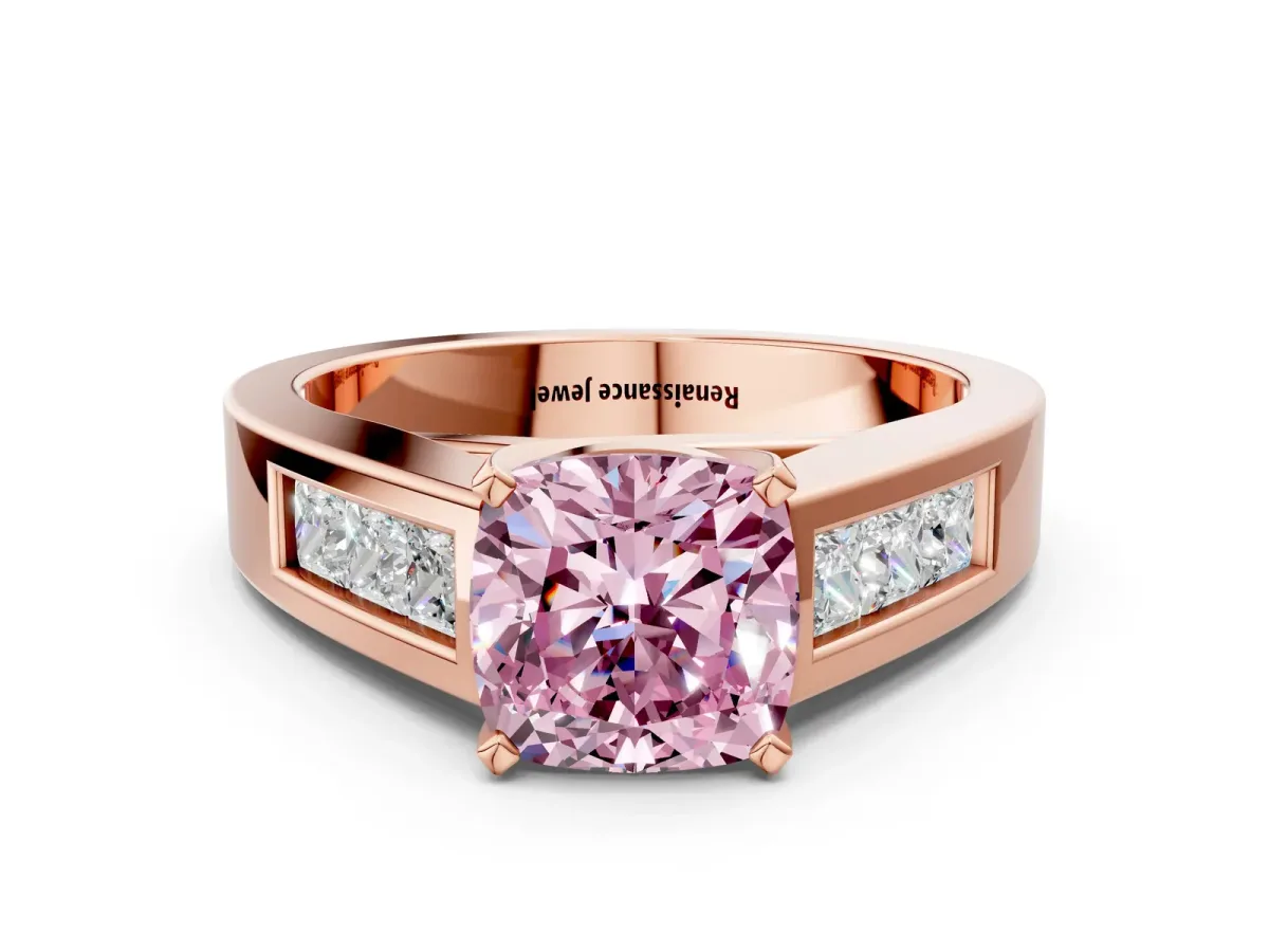 Fancy Pink Cushion Cut Cut Channel Set Solitaire Ring with Four-Prong Setting Rose gold