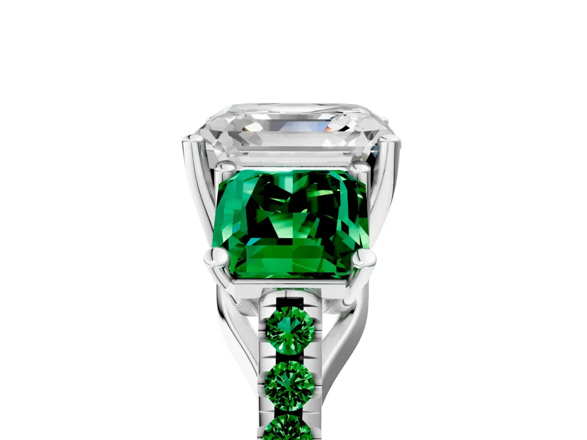 Three-Stone Asscher Cut Diamond Ring with Round Emerald Pavé Band and Prong Setting Silver