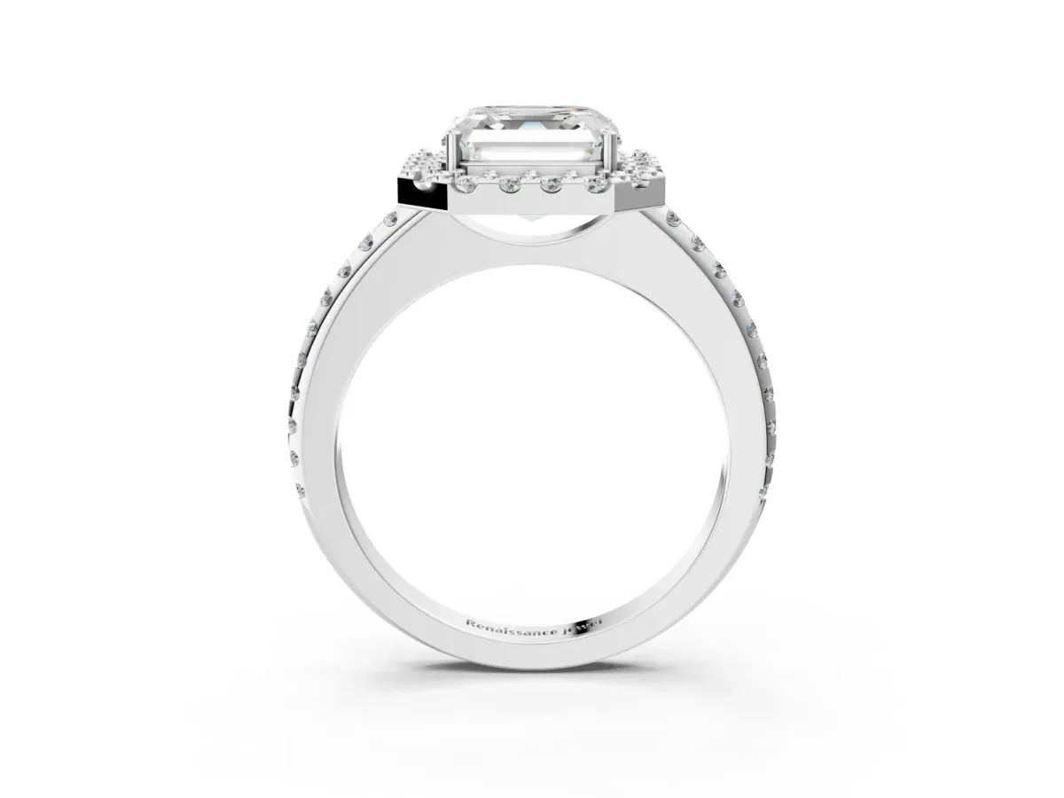 Asscher Cut Diamond Pavé Halo Ring with Four-Prong Setting Platinum