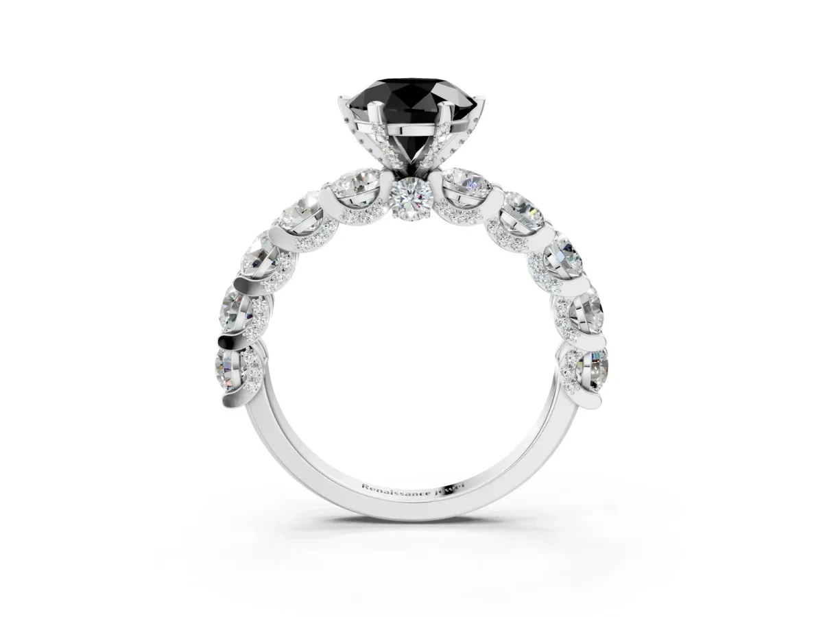 Fancy Black Round Cut Diamond Side Stone Engagement Ring with Four-Prong Setting White gold