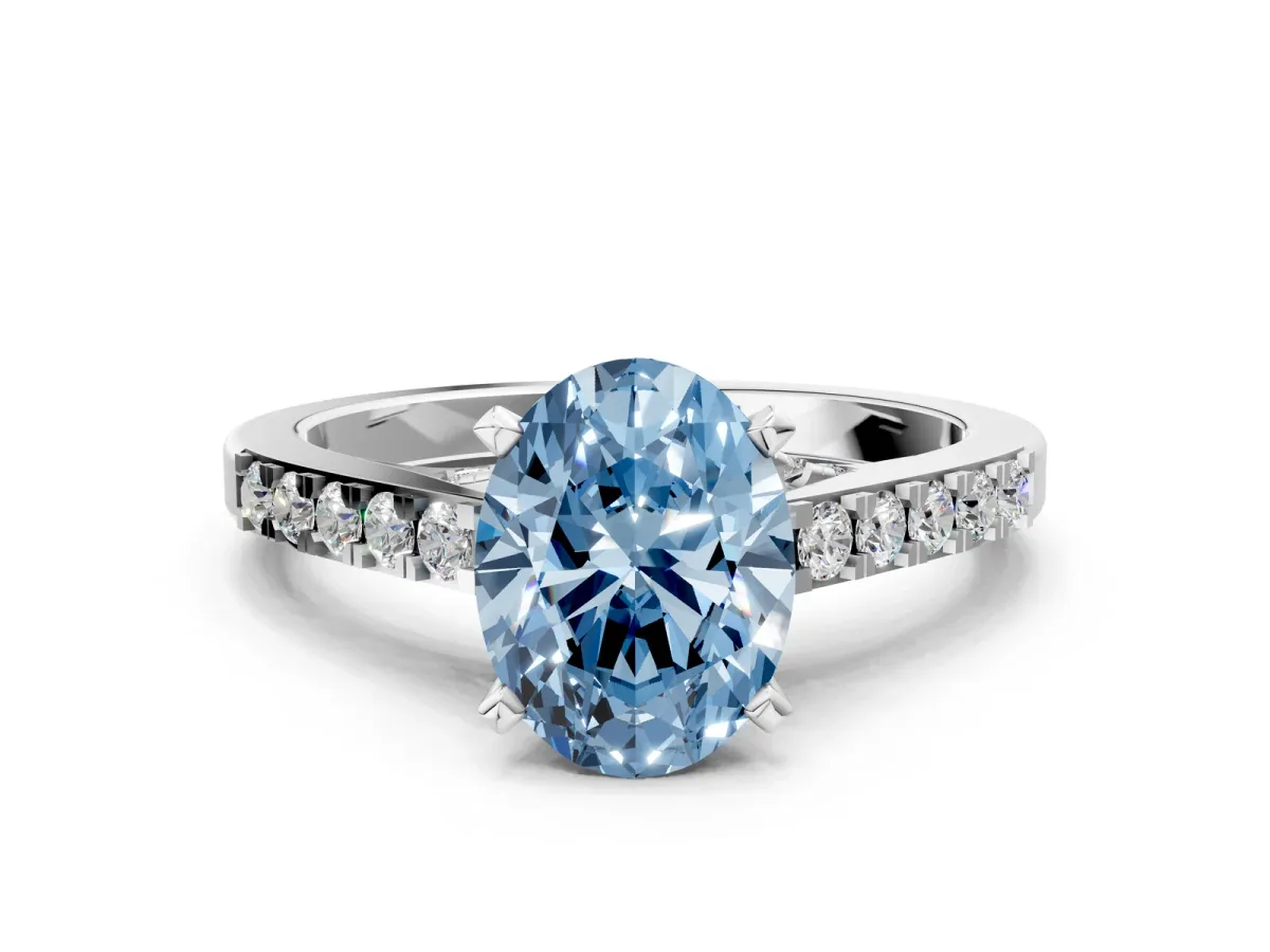 Fancy Blue Oval Cut Diamond Solitaire Ring with Crossover Gallery and Round Pavé Band Silver
