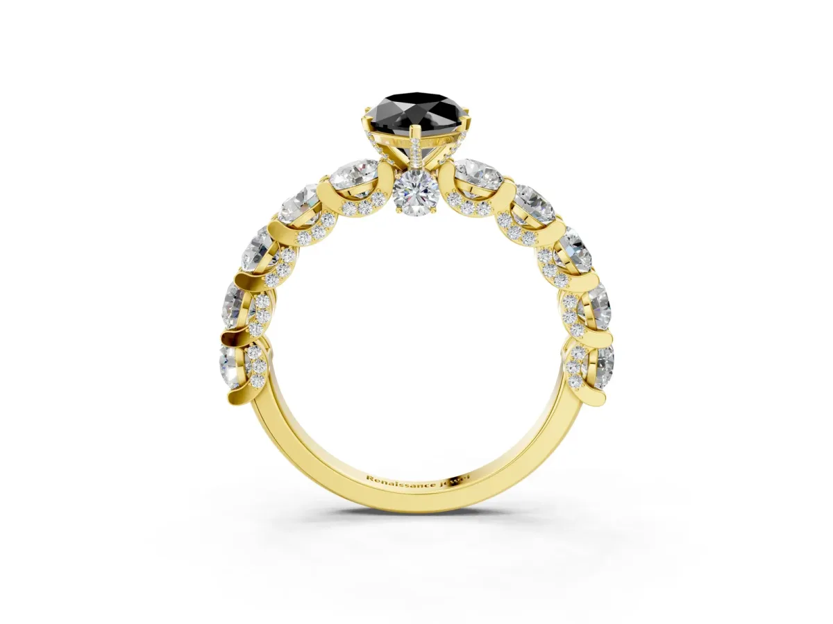 Fancy Black Marquise Cut Diamond Side Stone Engagement Ring with Four-Prong Setting Yellow gold
