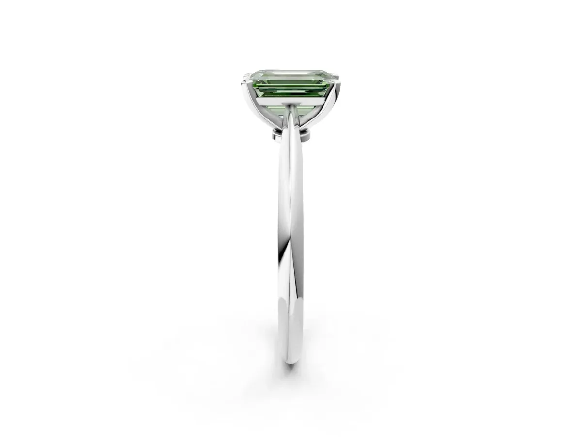 Fancy Green Emerald Cut Diamond Solitaire Engagement Ring with Classic Band and Four-Prong Setting Silver