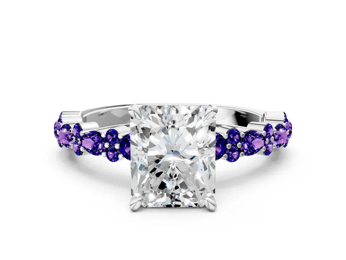Radiant Cut Diamond Side Stone Solitaire Ring with Round Tanzanite and Four-Prong Setting Silver