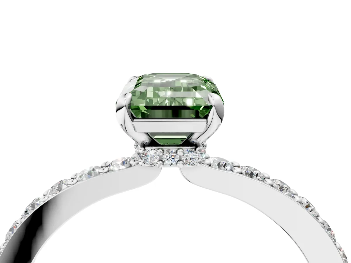 Fancy Green Emerald Cut Diamond Solitaire Engagement Ring with Pavé Band and Four-Prong Setting Silver