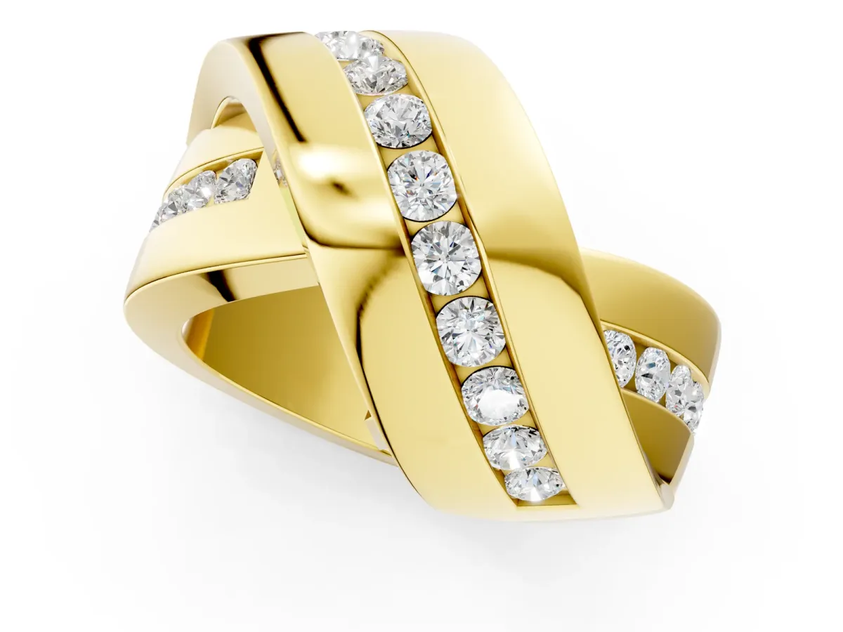 Pavé Round Diamond Crossover Band with Channel Setting Yellow gold