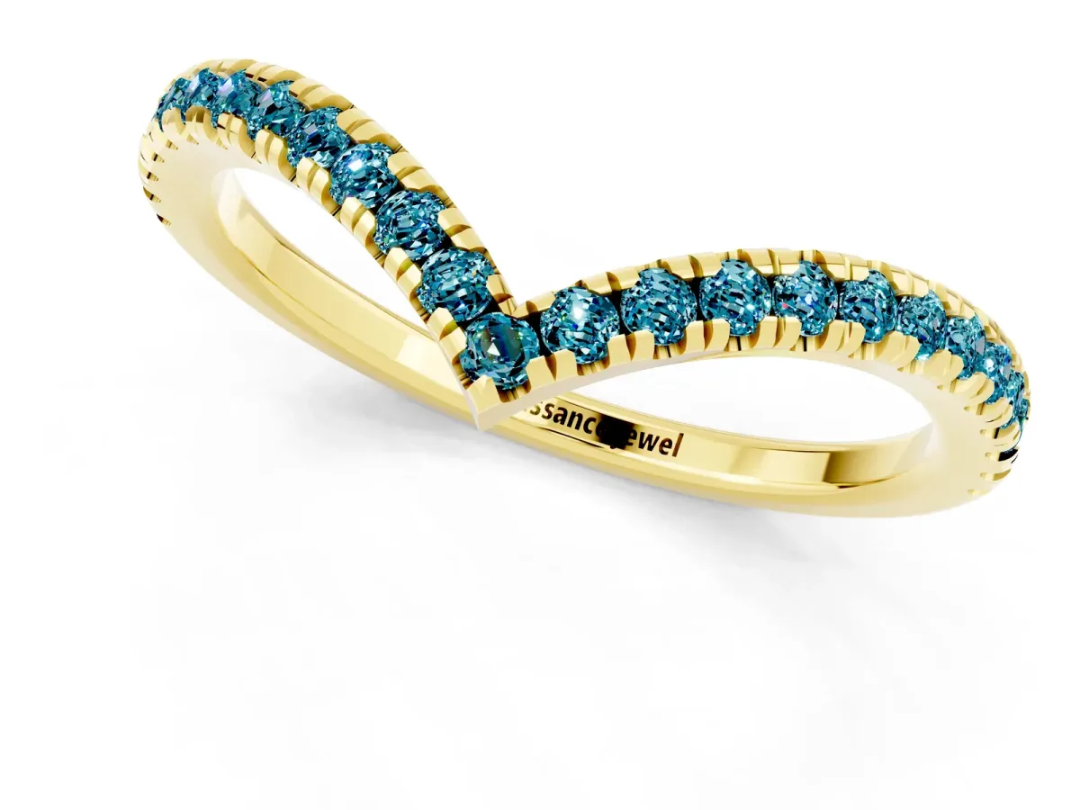 Pavé Round Blue Topaz V-Shaped Chevron Band with Shared Prong Setting Yellow gold