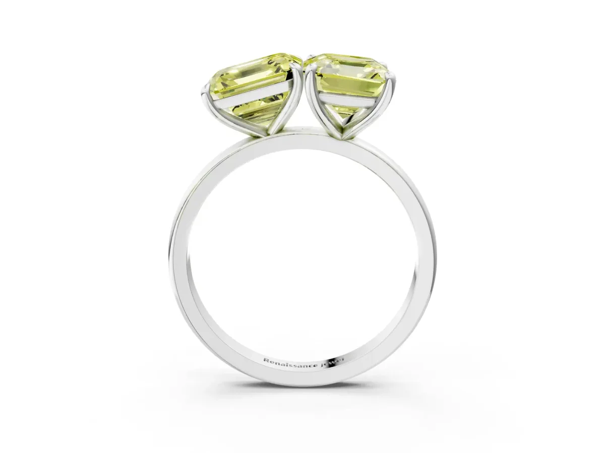 Fancy Yellow Asscher Cut and Emerald Cut Toi Moi Ring with Prong Setting White gold