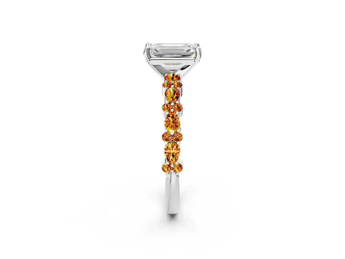 Emerald Cut Diamond Side Stone Solitaire Ring with Round Citrine and Four-Prong Setting White gold