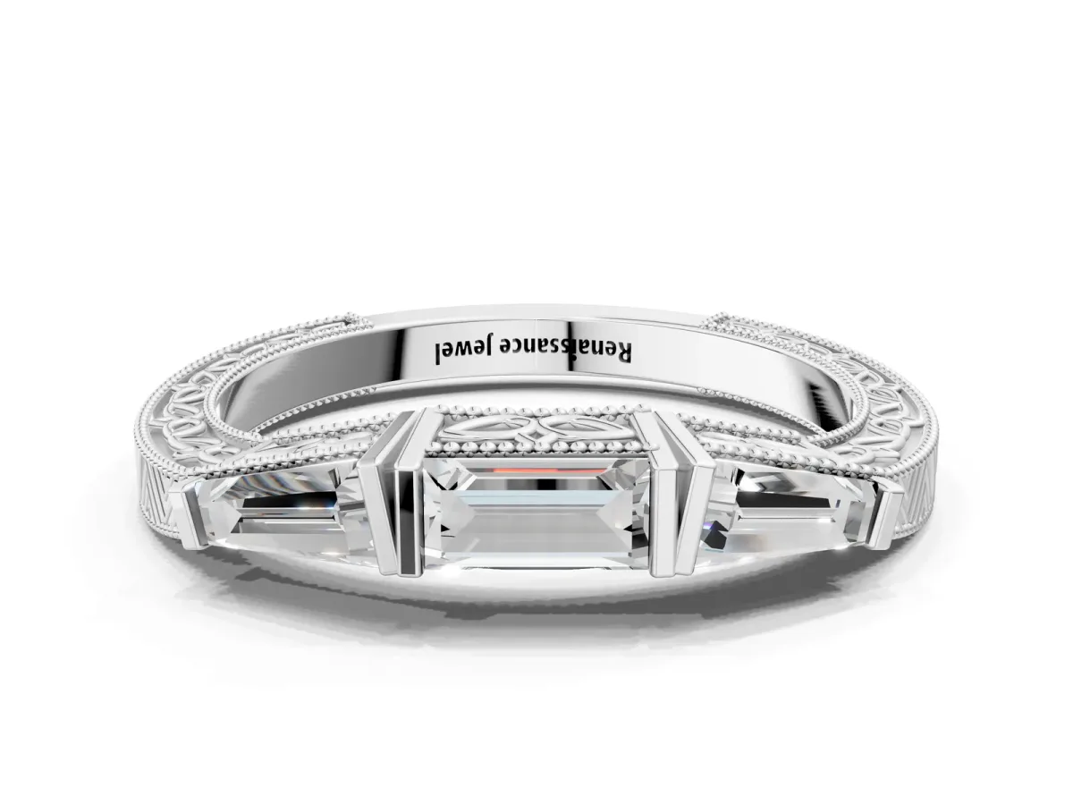 Baguette Cut Channel Set Milgrain Band with V-Prong Setting Silver
