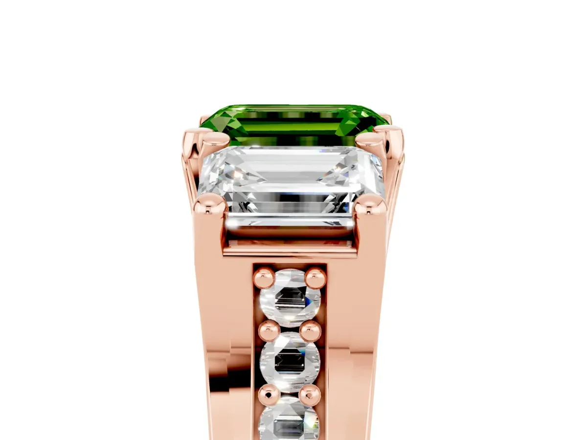 Emerald Cut Peridot Three-Stone Ring with Channel Set Band and Four-Prong Setting Rose gold