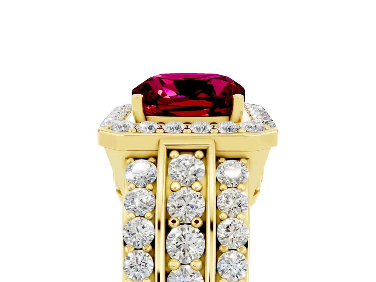 Cushion Cut Halo Garnet Ring with Round Split Shank and Prong Setting Yellow gold