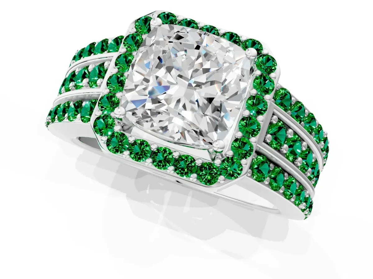 Cushion Cut Halo Diamond Ring with Round Emerald Split Shank and Prong Setting White gold