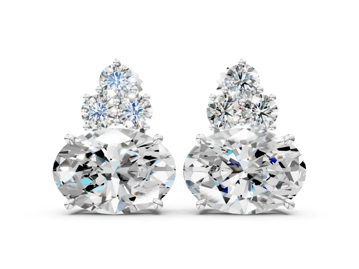East-West Oval Diamond Cluster Stud Earrings with Round Diamond Accents Silver