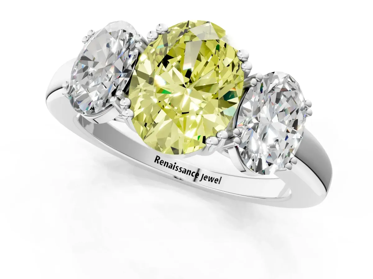 Fancy Yellow Three-Stone Oval Cut Cut Diamond Ring with Channel Set Band and Four-Prong Setting Silver