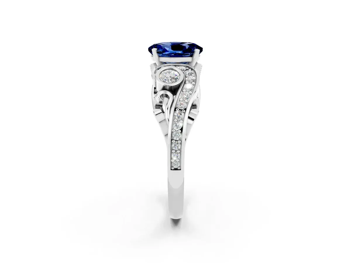Oval Cut Blue Sapphire Solitaire Ring with Milgrain Pavé Band and Four-Prong Setting Silver