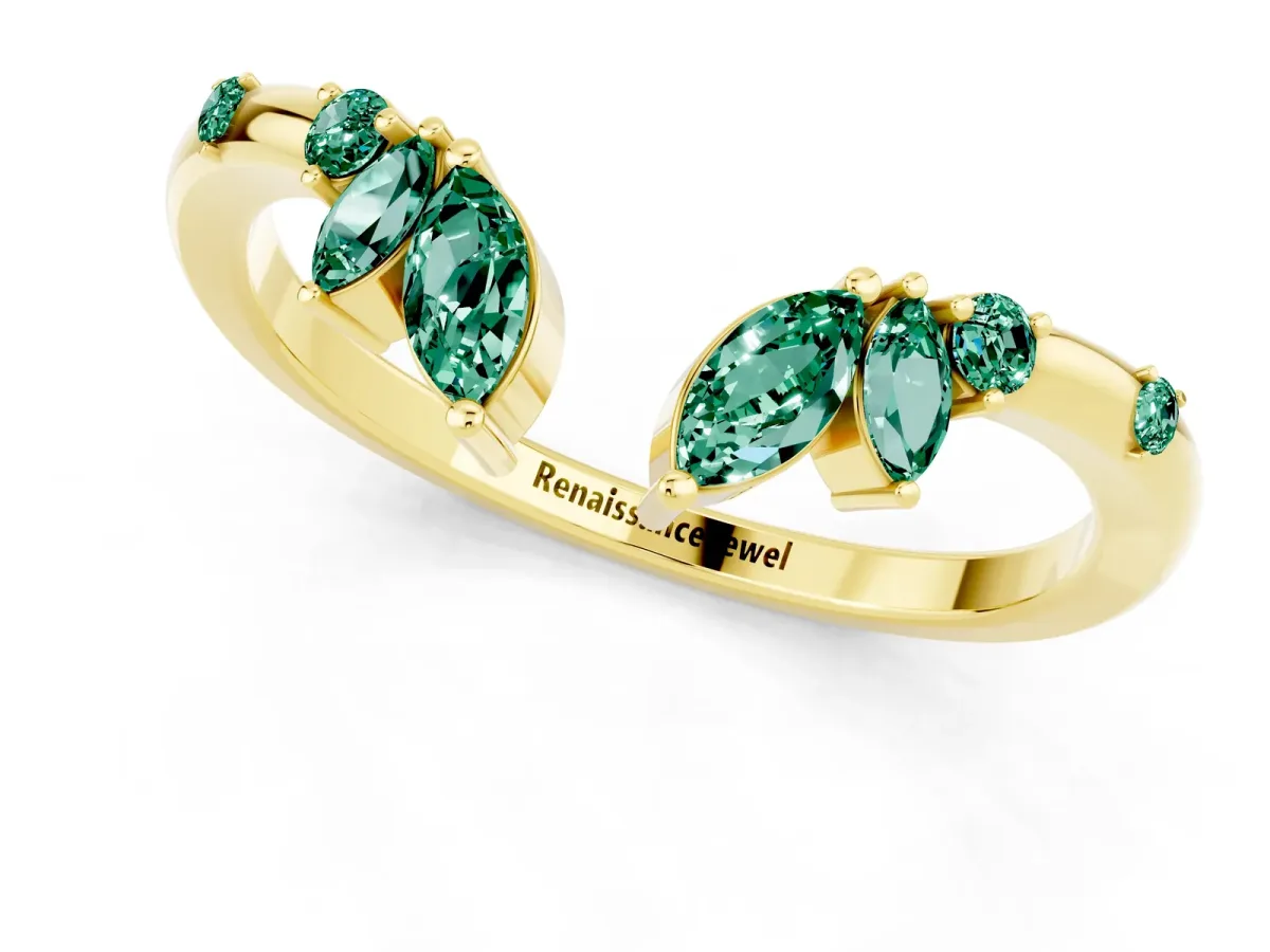 Open Marquise Cluster Green Sapphire Band with Prong Setting Yellow gold