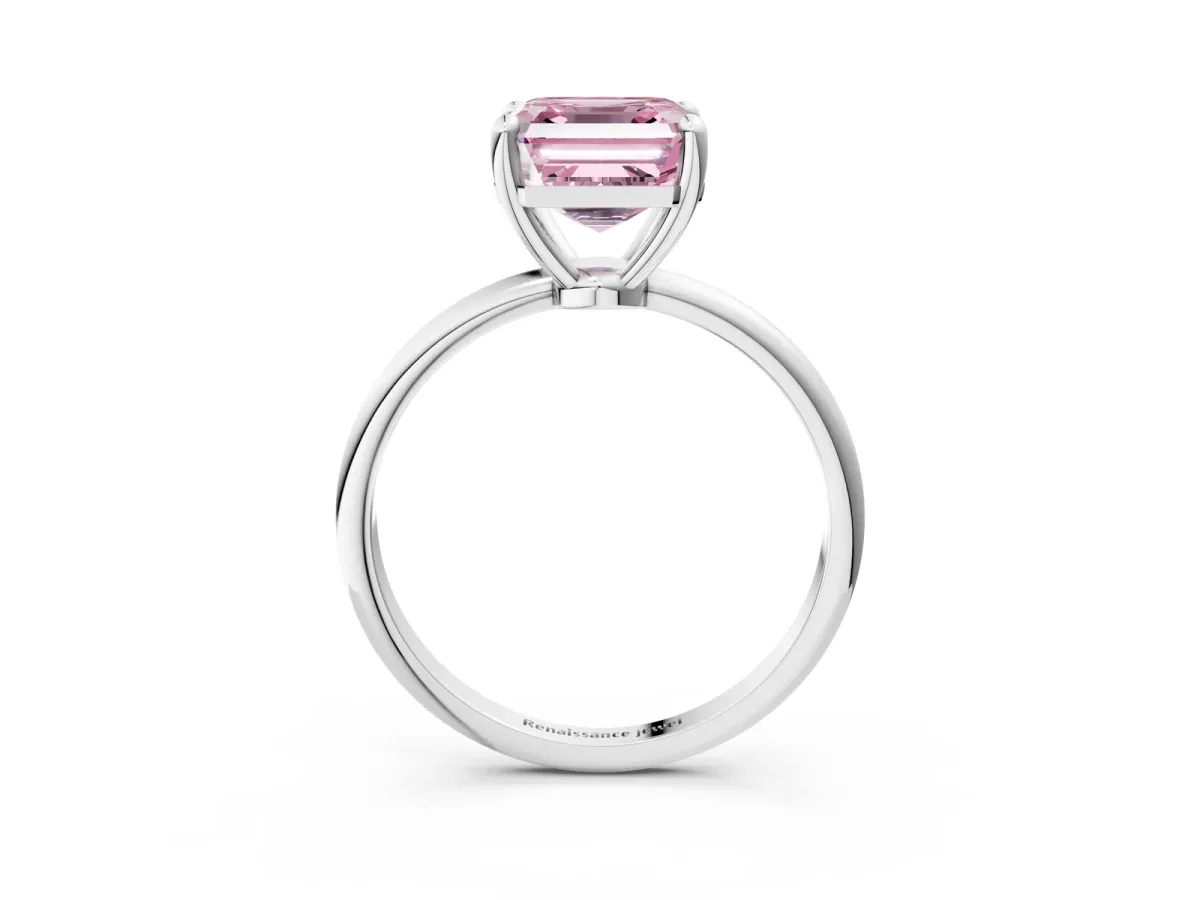 Fancy Pink Asscher Cut Solitaire Diamond Ring with 4-Prong Setting on a Classic Band White gold