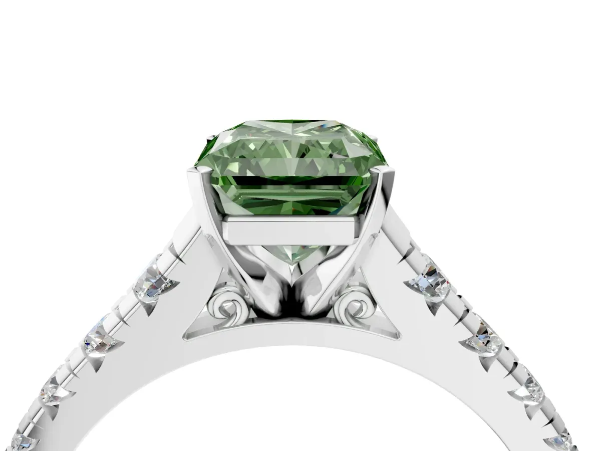 Fancy Green Radiant Cut Diamond Cathedral Solitaire Ring with Round Pavé Band Silver
