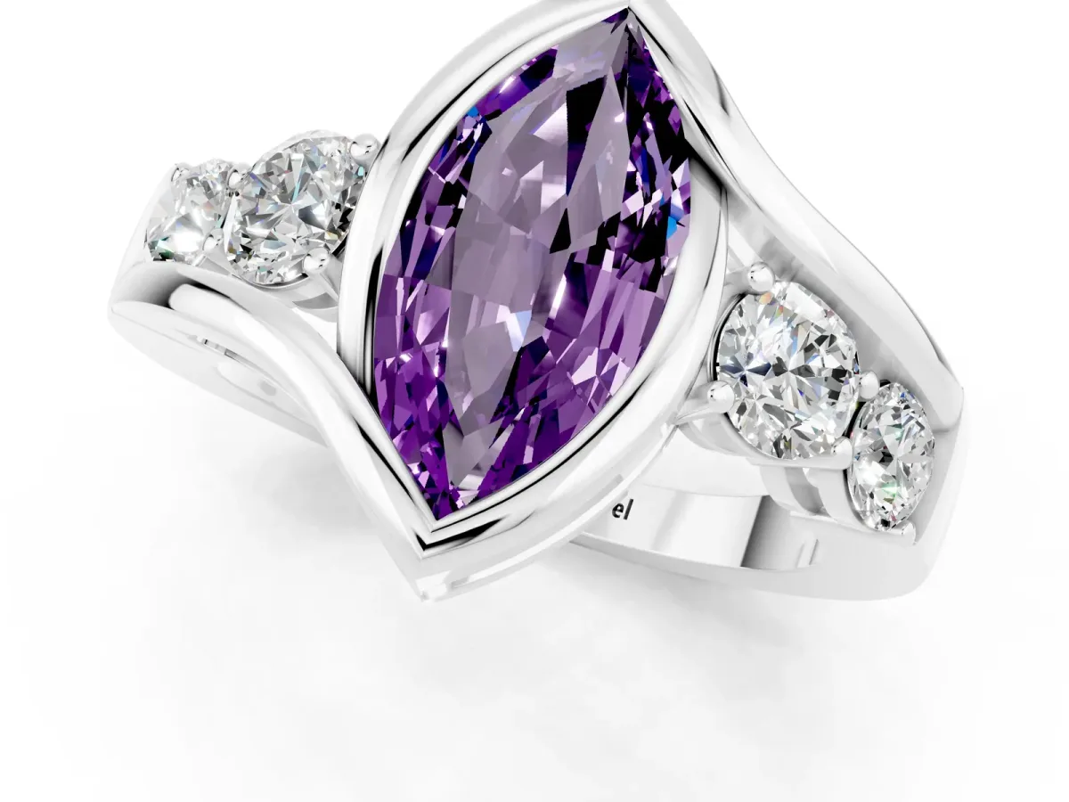 Bezel Set Marquise Cut Amethyst Bypass Ring with Round Accents Platinum