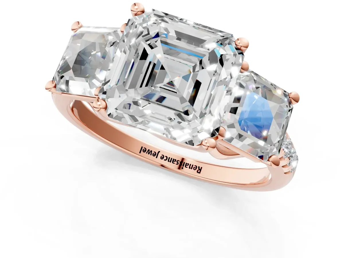 Three-Stone Asscher Cut Diamond Ring with Round Pavé Band and Prong Setting Rose gold