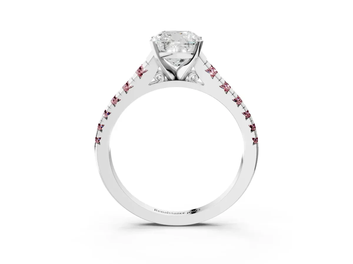 Cushion Cut Diamond Cathedral Solitaire Ring with Round Morganite Pavé Band Silver