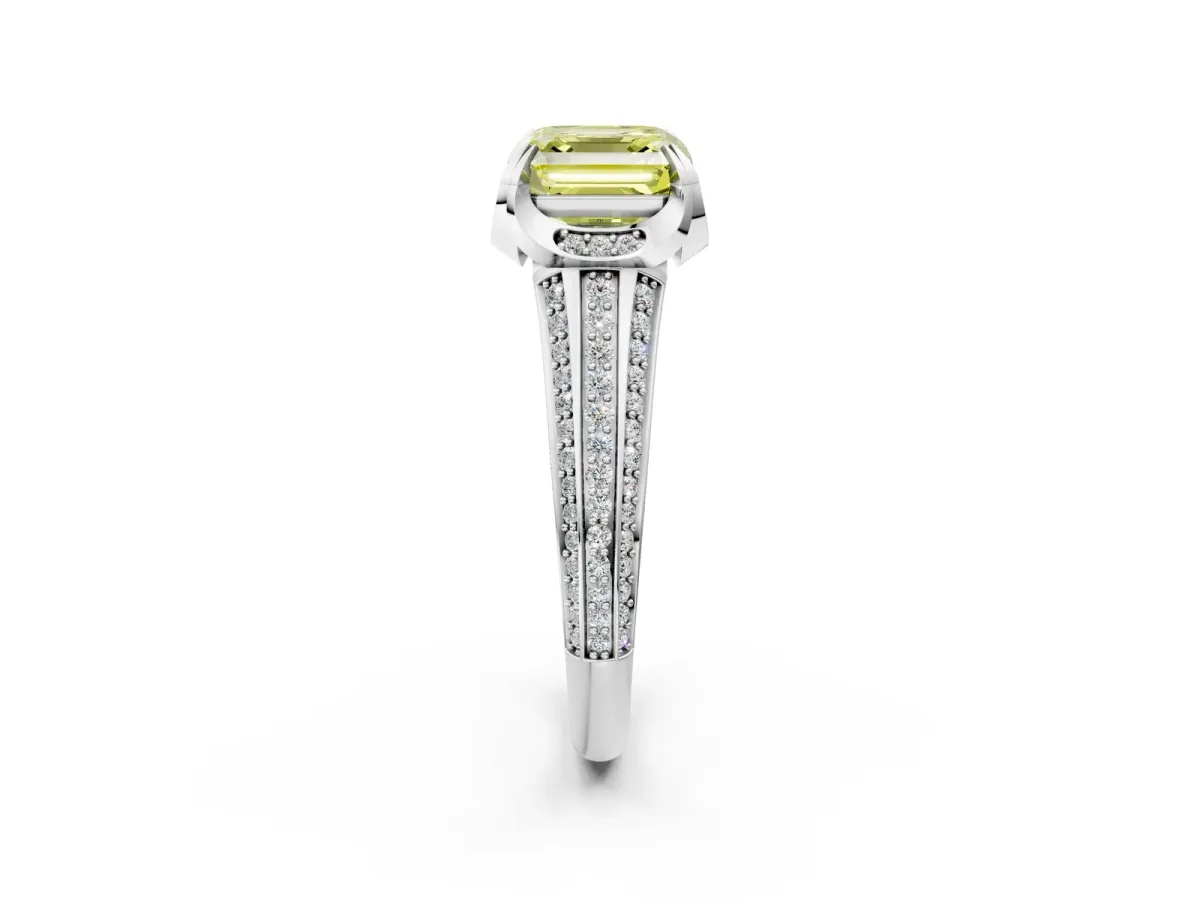 Fancy Yellow Asscher Cut Solitaire Pave Split Shank Ring with Four-Prong Setting Platinum