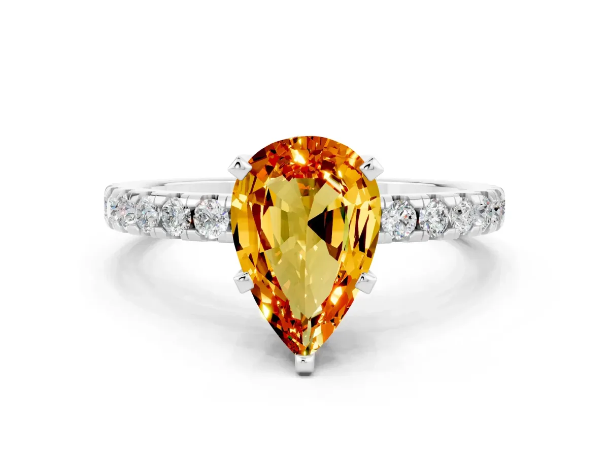 Pear Cut Citrine Solitaire Ring with Round Pavé Band and Four-Prong Setting Platinum