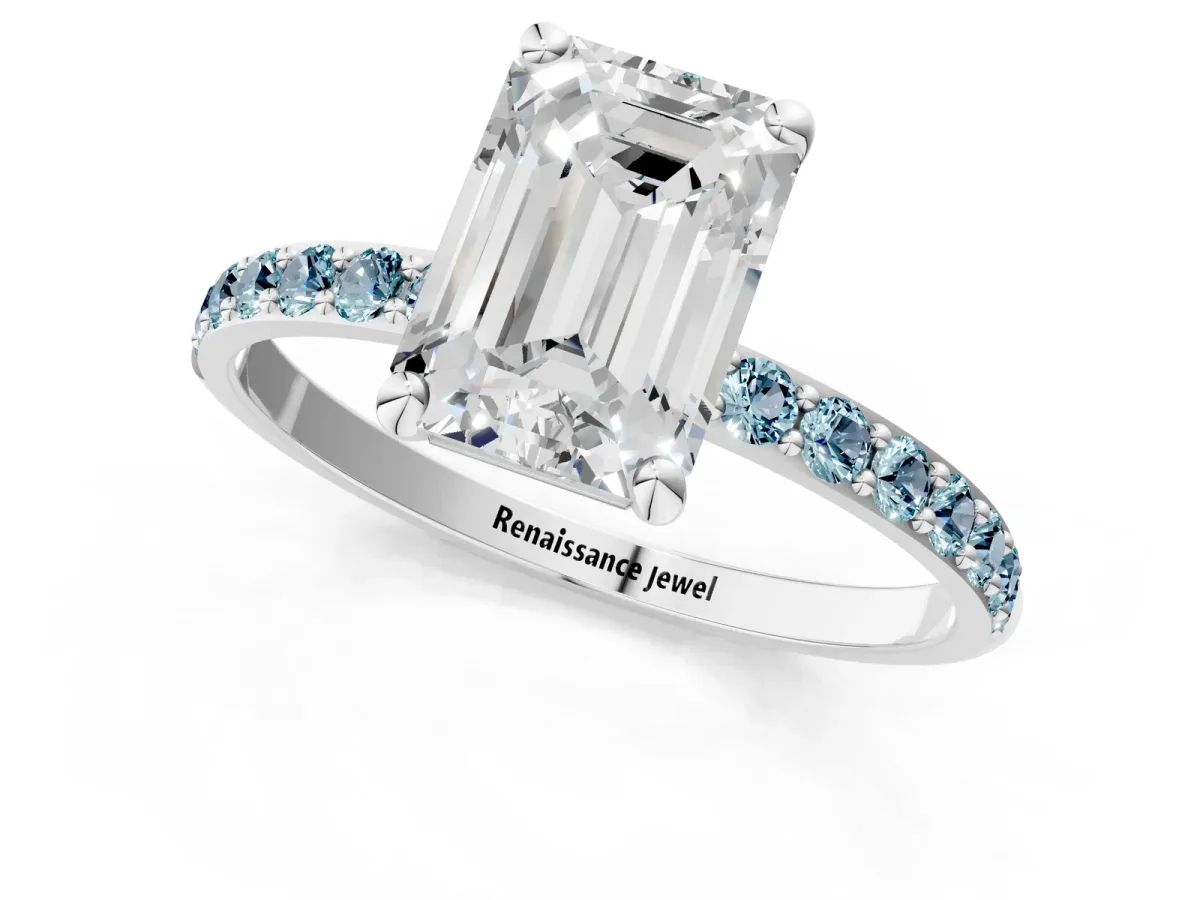Emerald Cut Diamond Solitaire Ring with Round Aquamarine Pavé Band and Prong Setting Silver