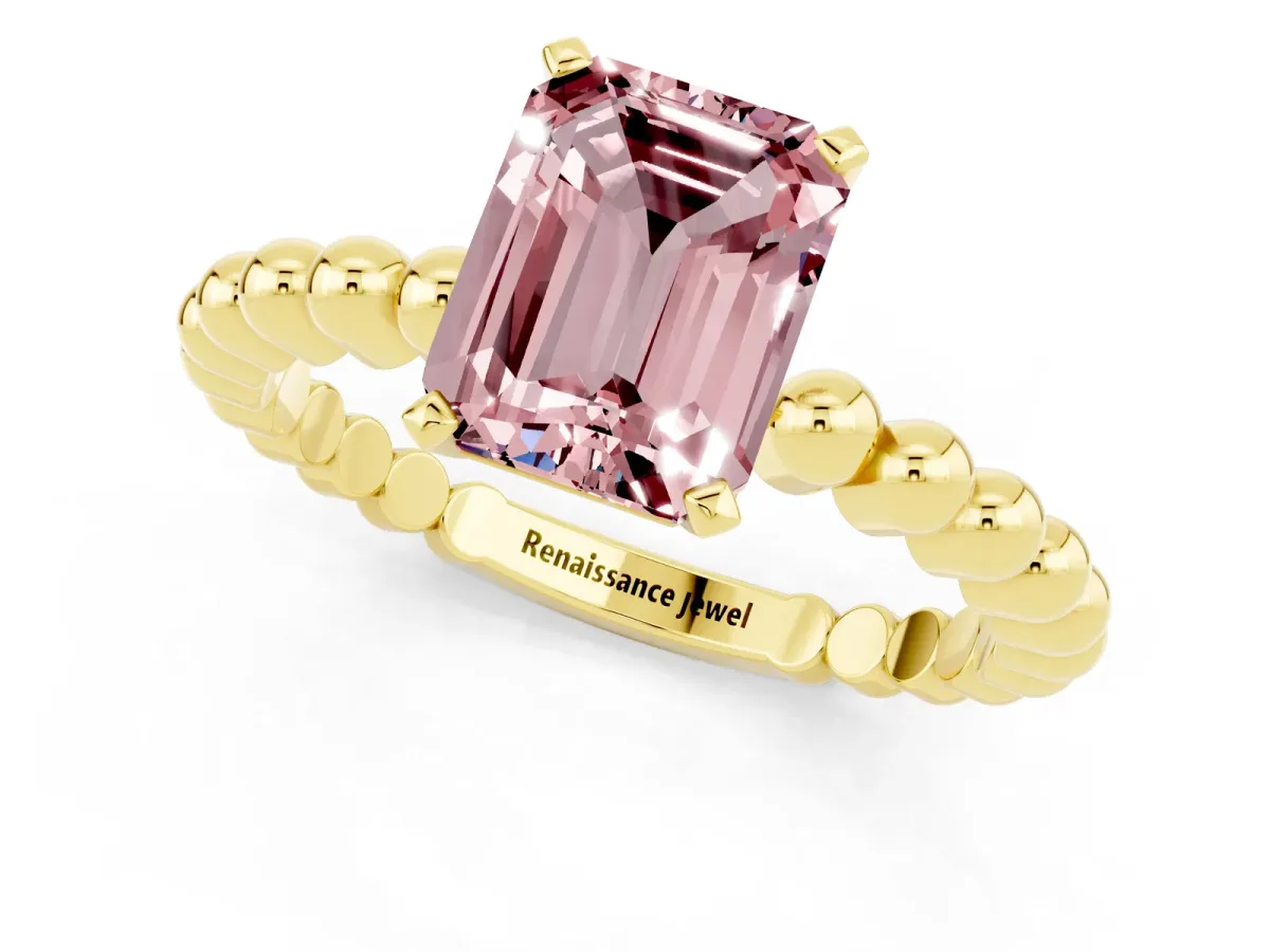 Emerald Cut Morganite Solitaire Ring with Beaded Band and Prong Setting Yellow gold