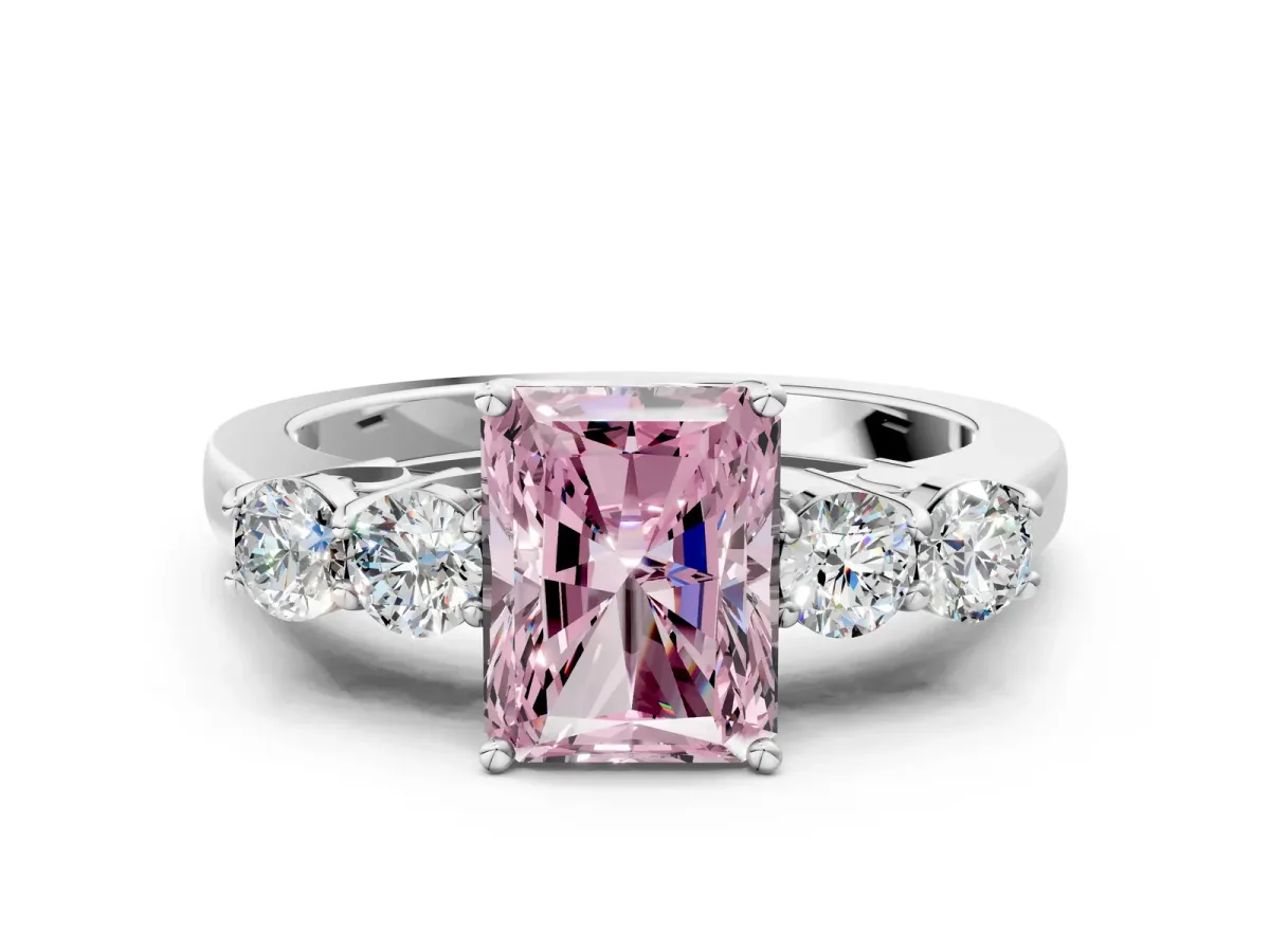 Fancy Pink Radiant Cut Cut Diamond Five-Stone Prong Set White Gold Ring Platinum