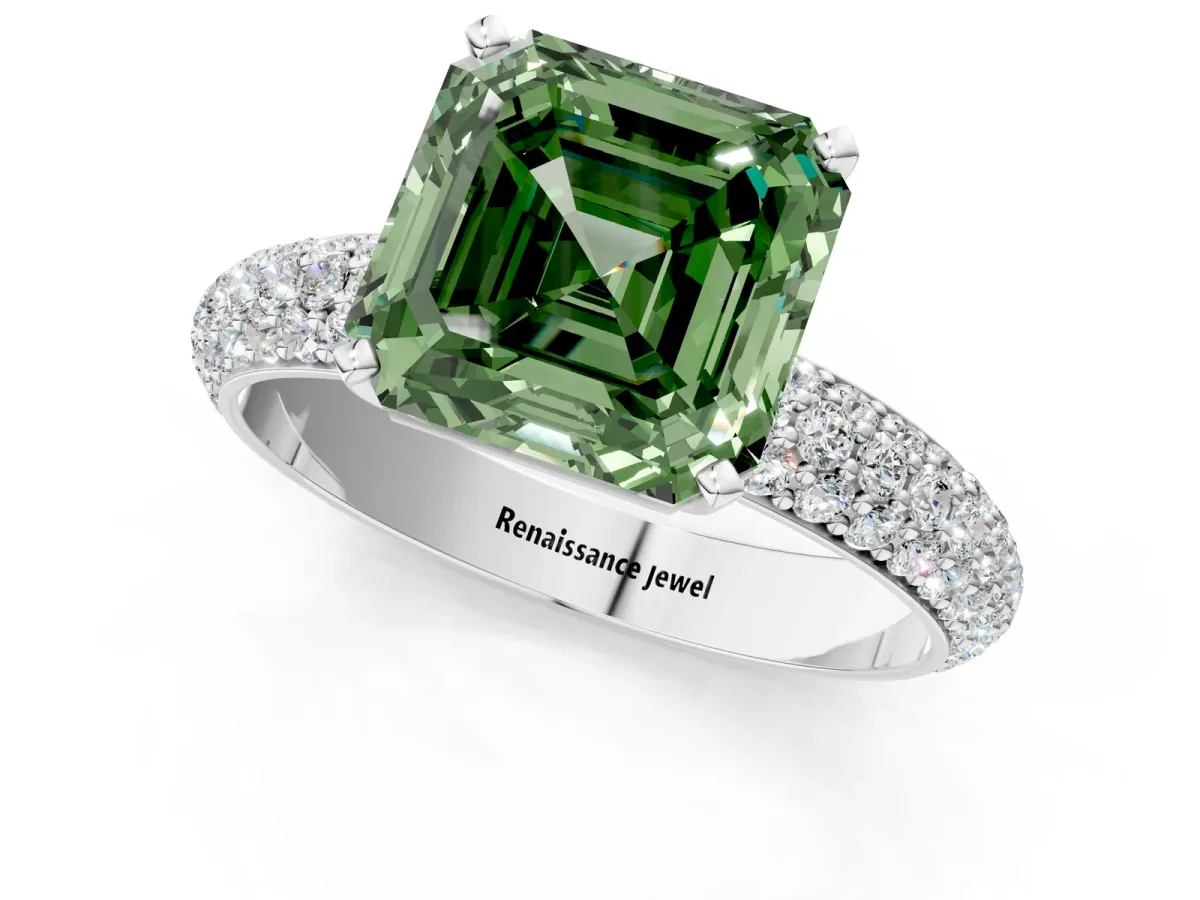 Fancy Green Asscher Cut Diamond Solitaire Ring with Prong Setting and Pavé Band Platinum