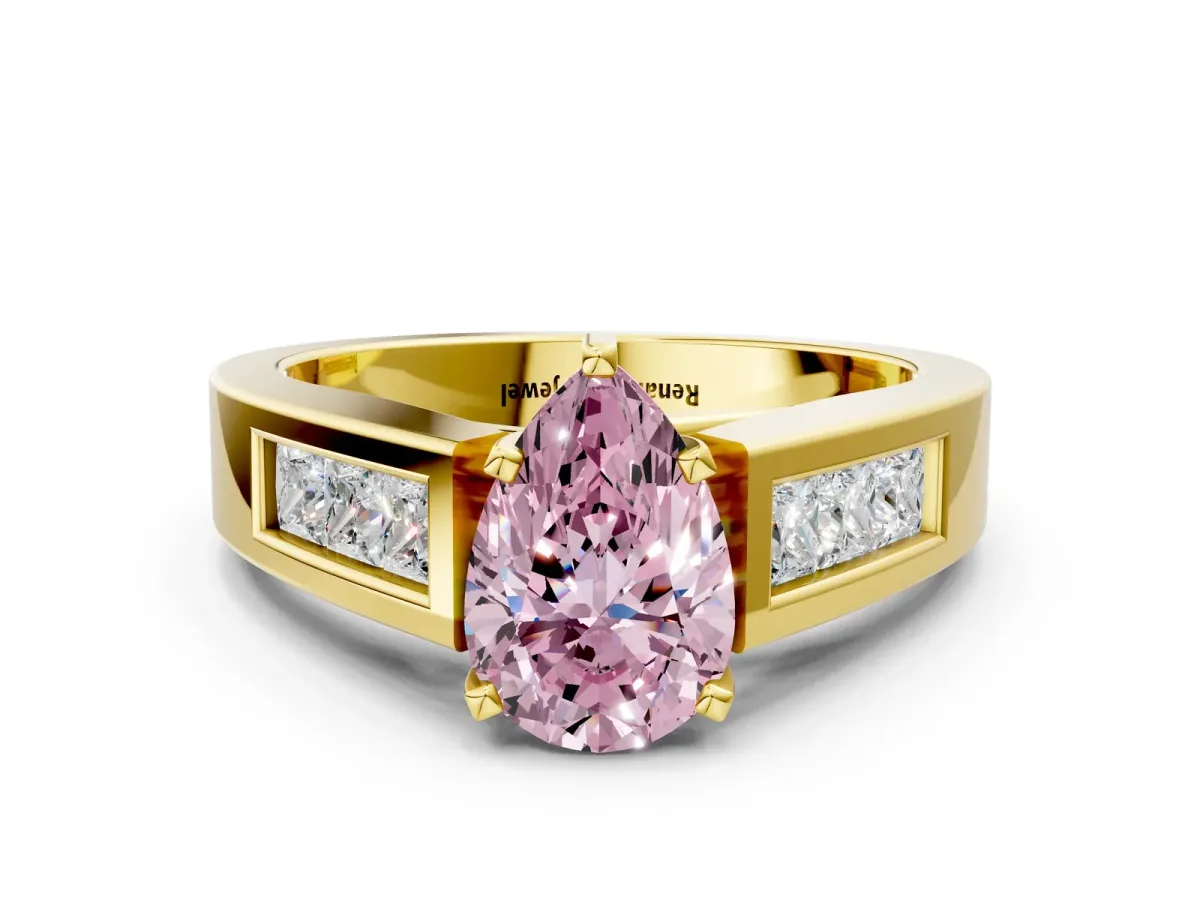 Fancy Pink Pear Cut Cut Channel Set Solitaire Ring with Four-Prong Setting Yellow gold