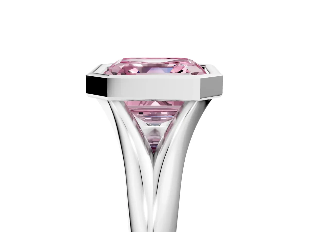 Fancy Pink Bezel Set Asscher Cut Solitaire Diamond Ring with Smooth Band Platinum