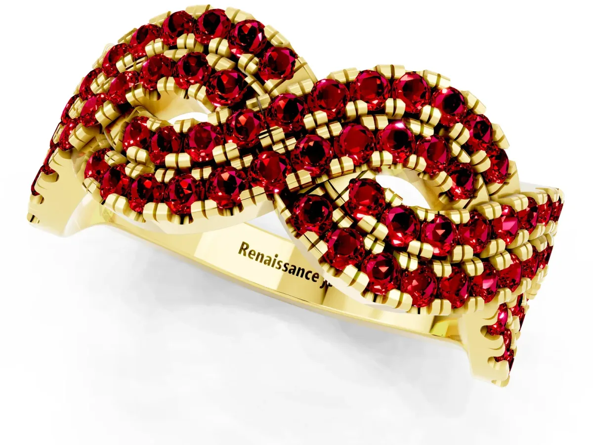 Pavé Round Ruby Infinity Twist Band with Shared Prong Setting Yellow gold