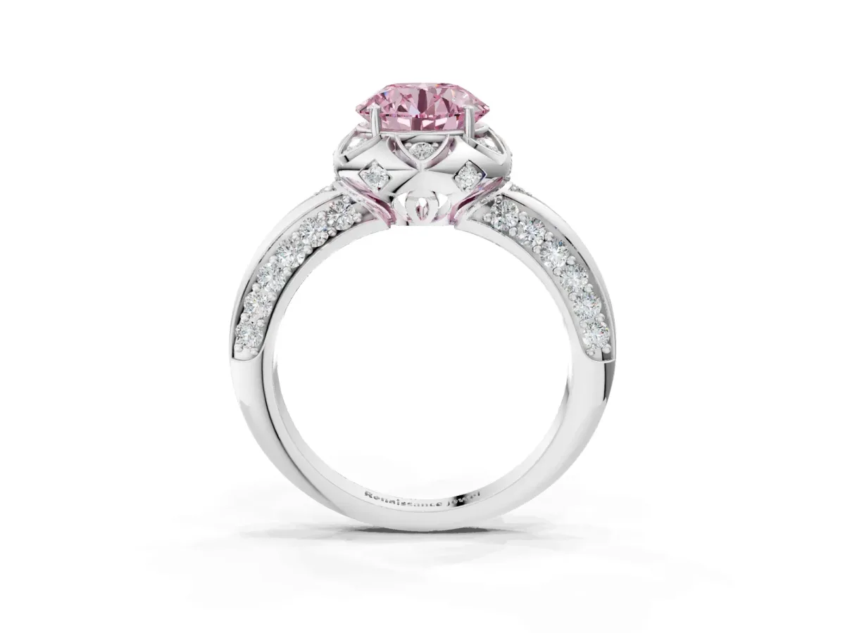 Fancy Pink Round Cut Halo Split Shank Pave Diamond Ring with Petal Prong Setting Platinum