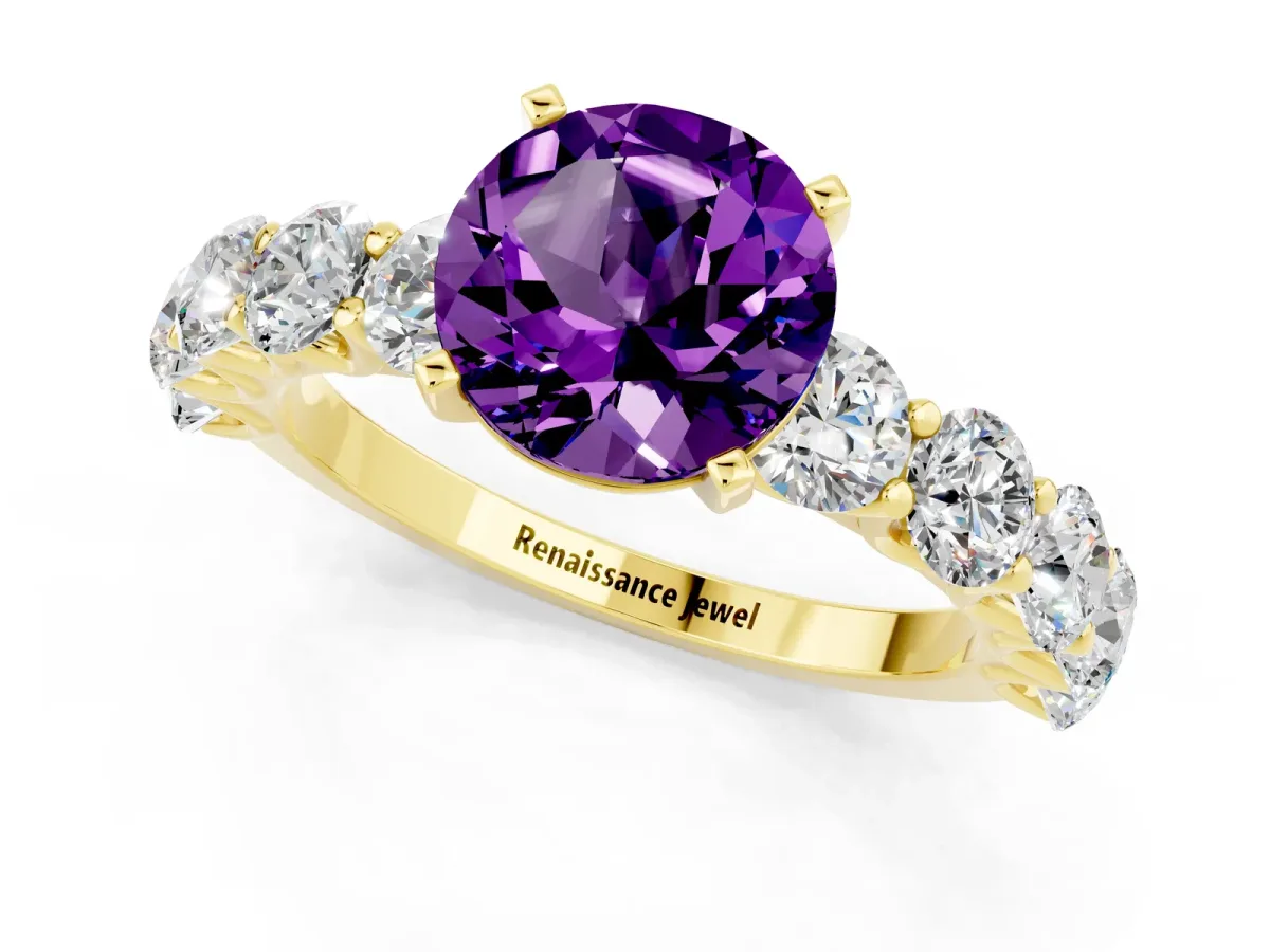 Round Cut Amethyst Prong Setting with Side Stones on a Pave Band Yellow gold