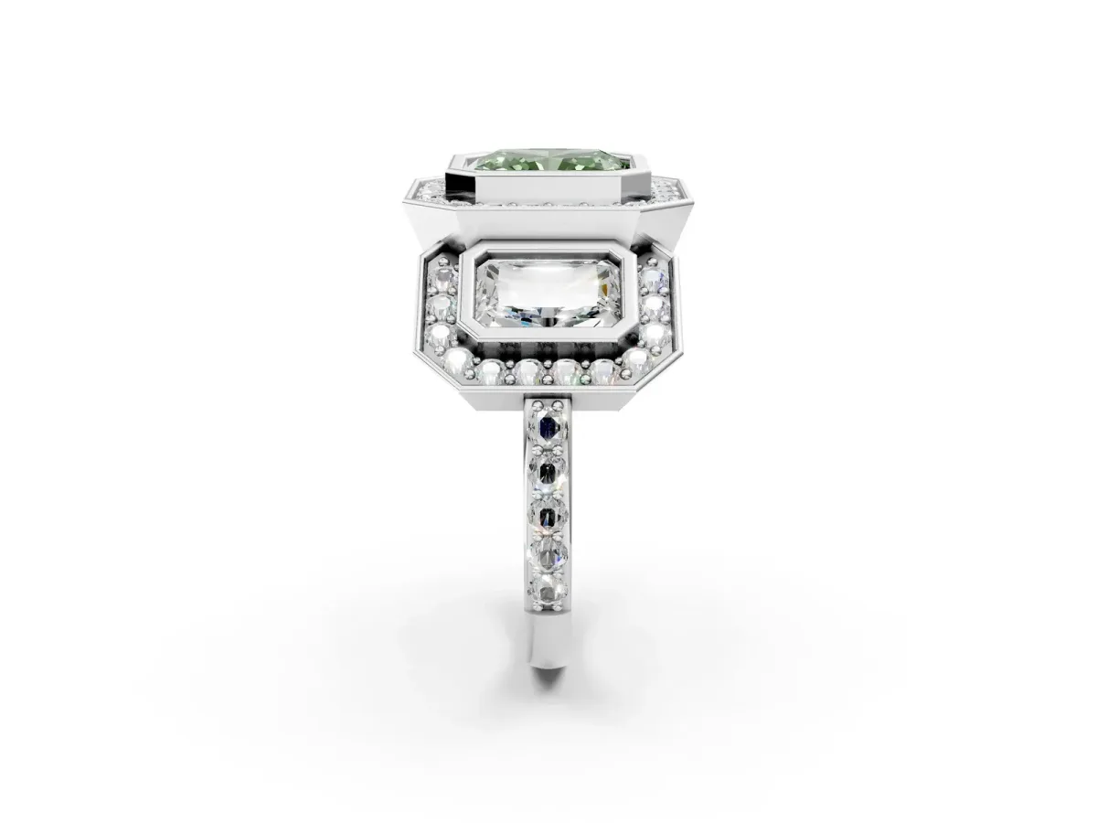 Fancy Green Three-Stone Radiant Cut Halo Pavé Diamond Ring Platinum