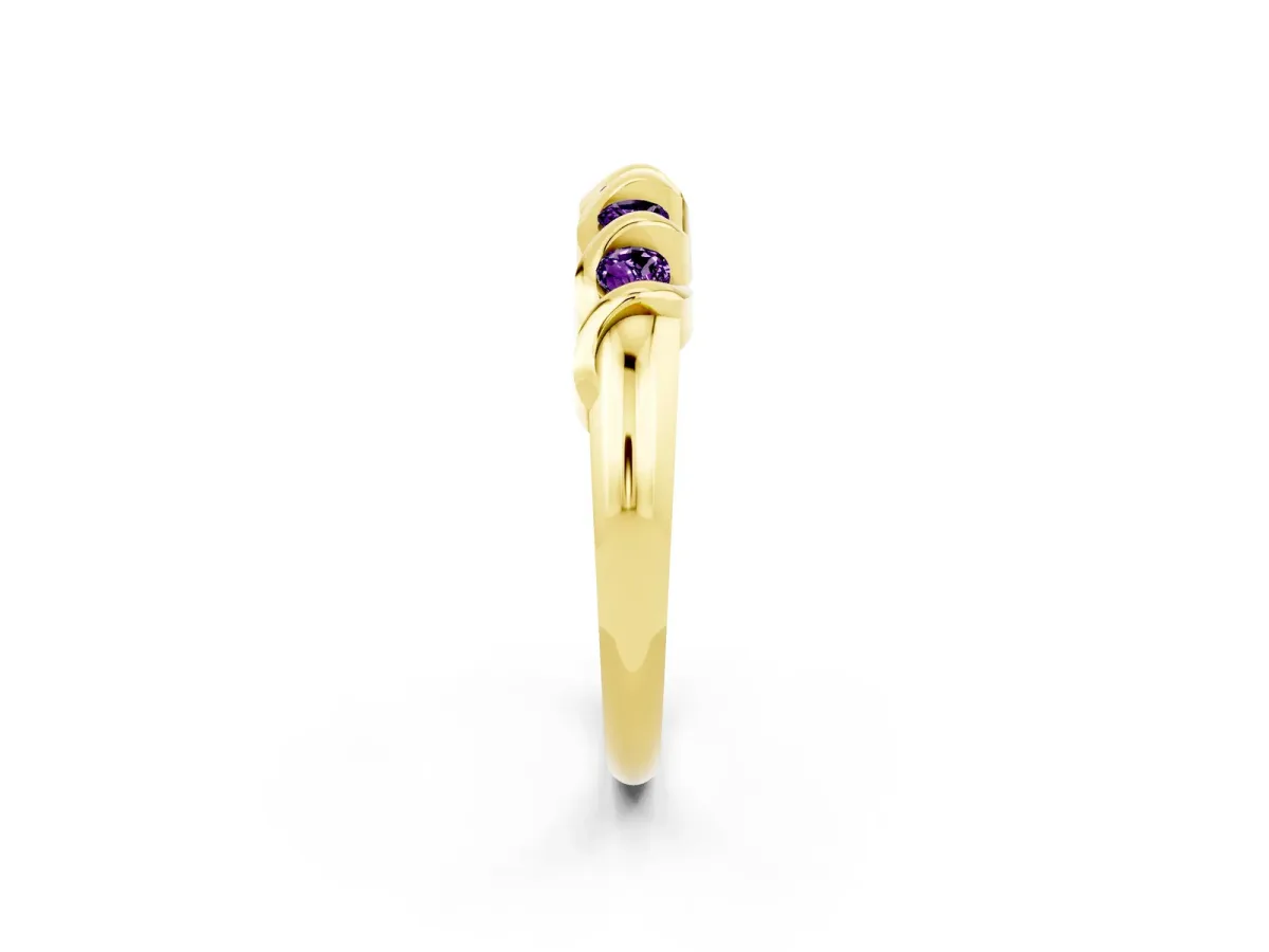 Round Amethyst Eternity Band with Twist Prong Setting Yellow gold