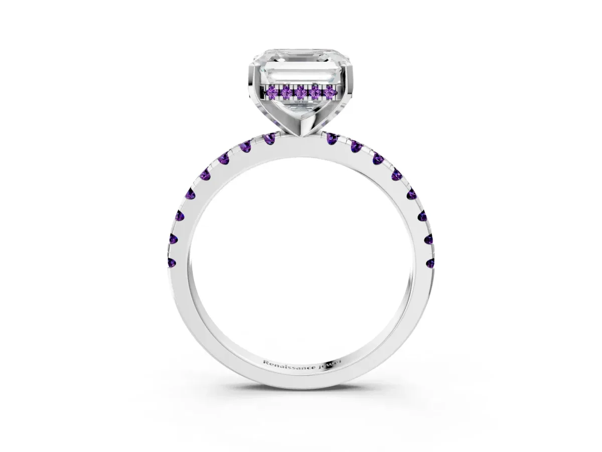 Asscher Cut Diamond Solitaire Ring with Round Amethyst Pavé Band and Four-Prong Setting Silver