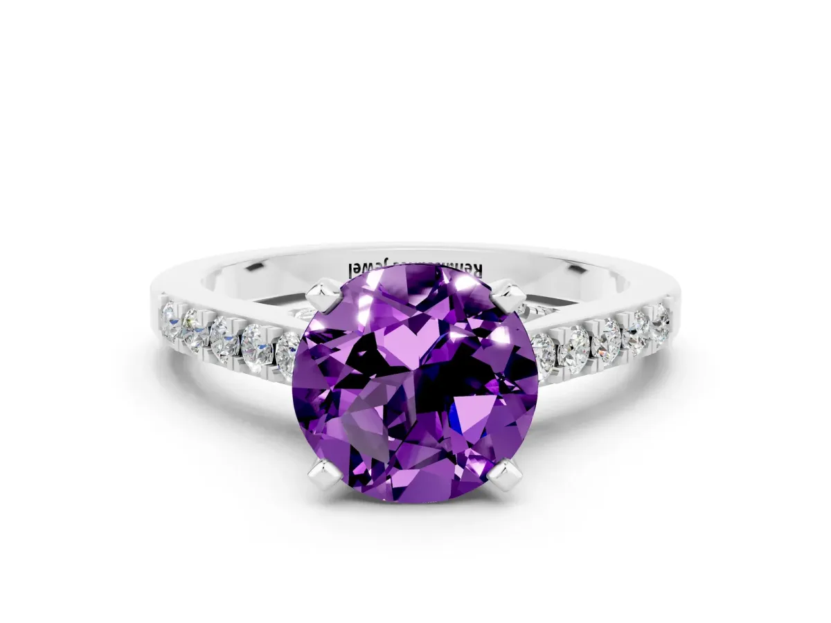 Round Cut Amethyst Solitaire Ring with Crossover Gallery and Round Pavé Band Silver