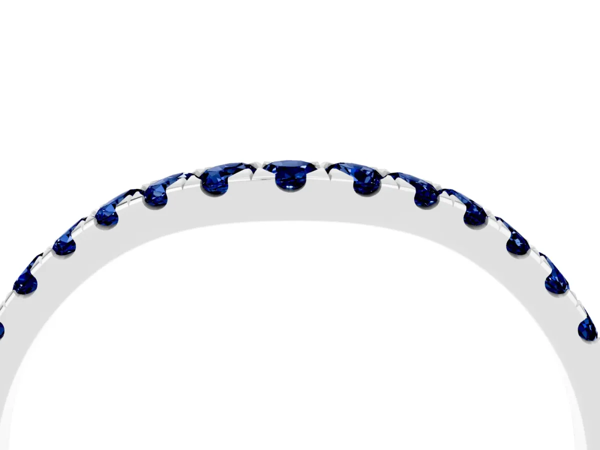 Curved Pavé Round Blue Sapphire Wedding Band with Shared Prong Setting Silver