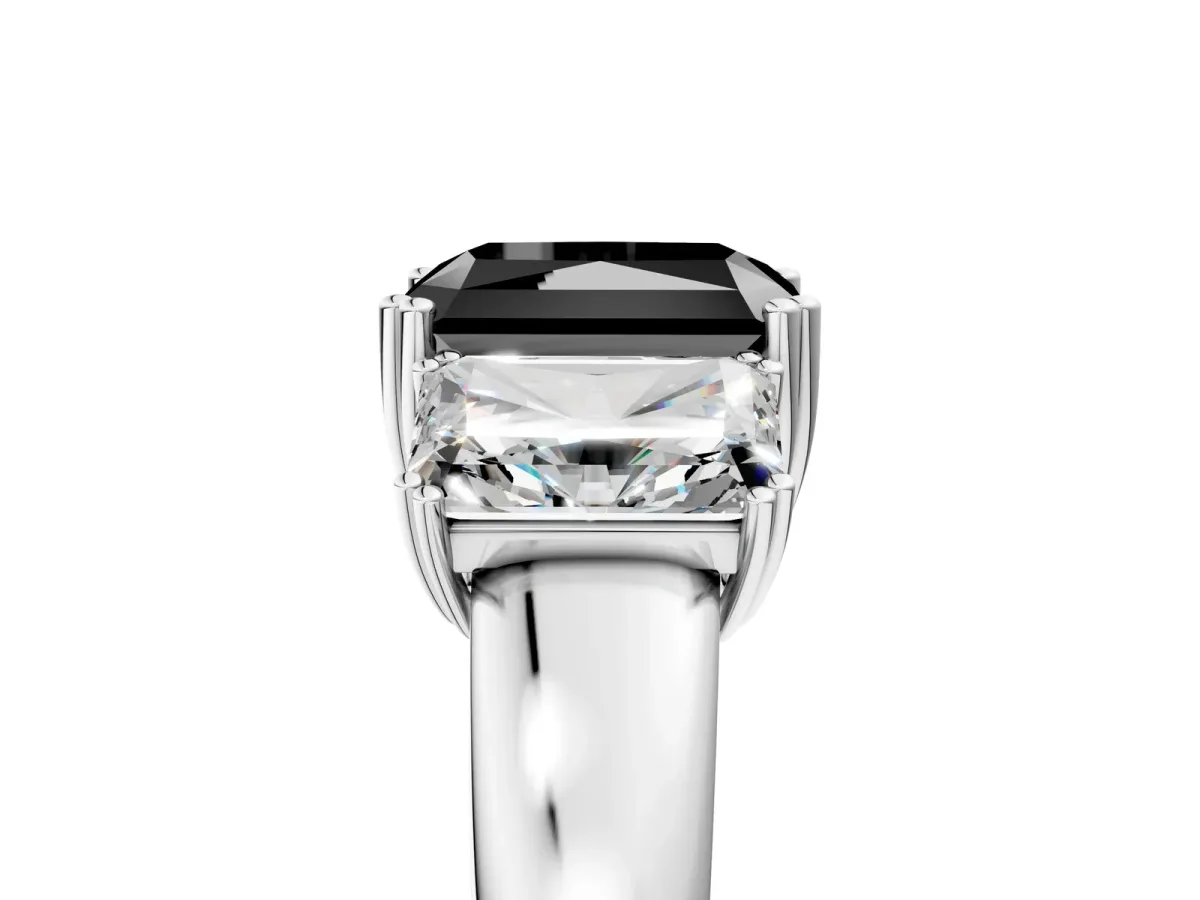 Fancy Black Three-Stone Radiant Cut Cut Diamond Ring with Channel Set Band and Four-Prong Setting Silver