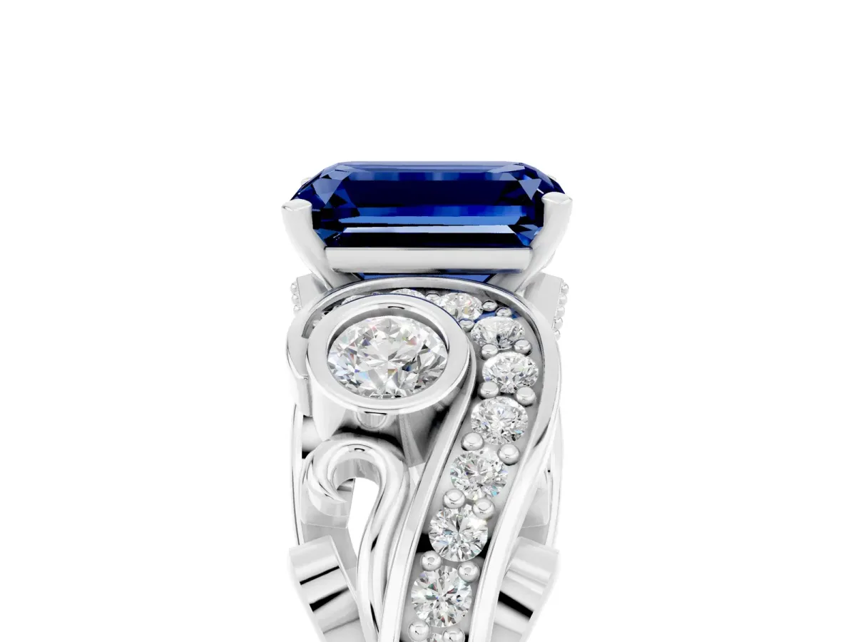 Emerald Cut Blue Sapphire Solitaire Ring with Milgrain Pavé Band and Four-Prong Setting Silver