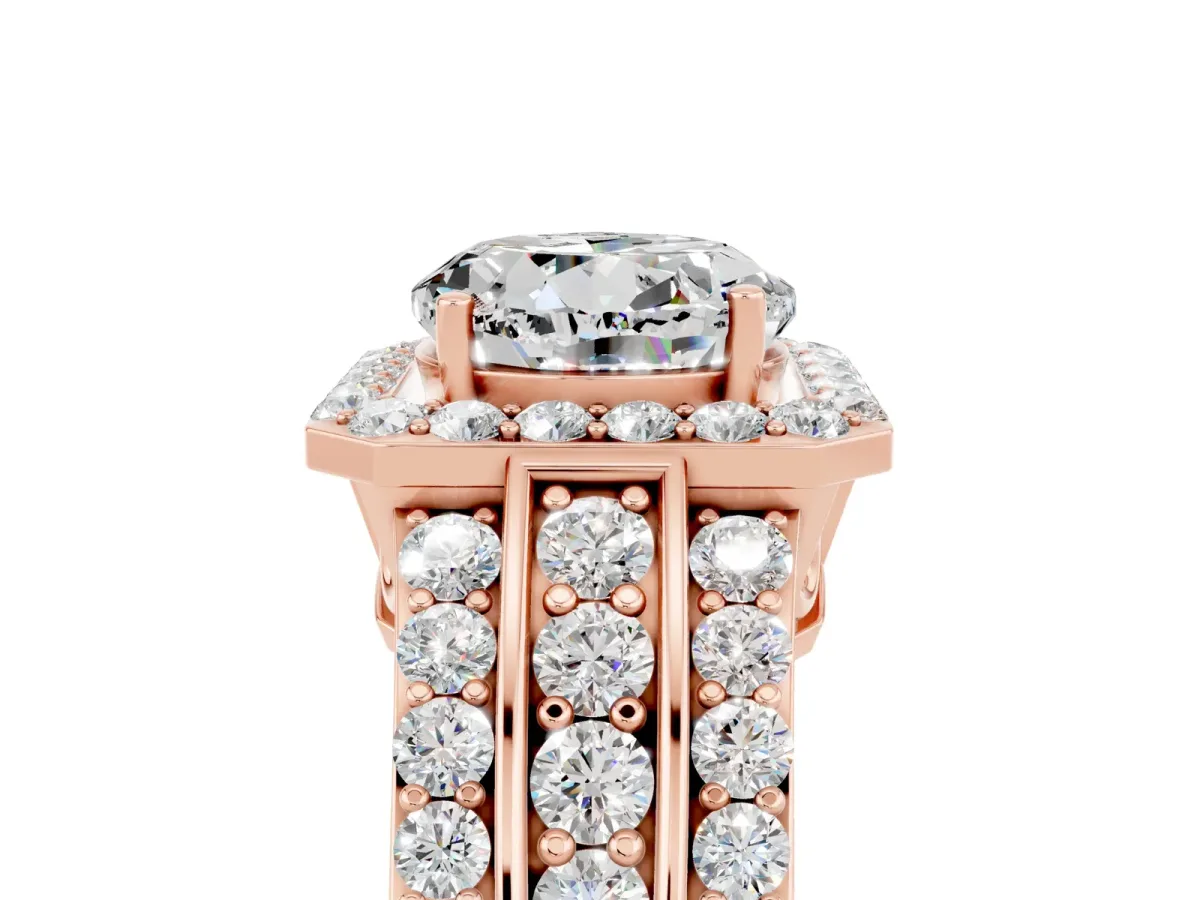 Round Cut Halo Moissanite Ring with Round Split Shank and Prong Setting Rose gold
